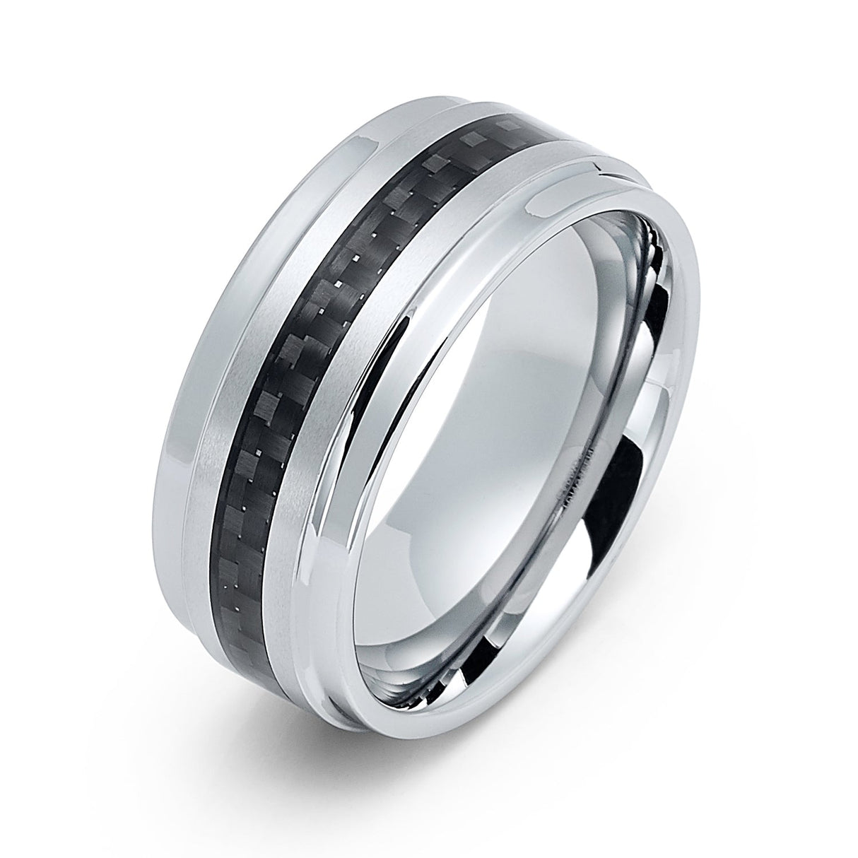 9mm Silver Tungsten Carbide wedding band W/ Black Carbon Fiber Ring
