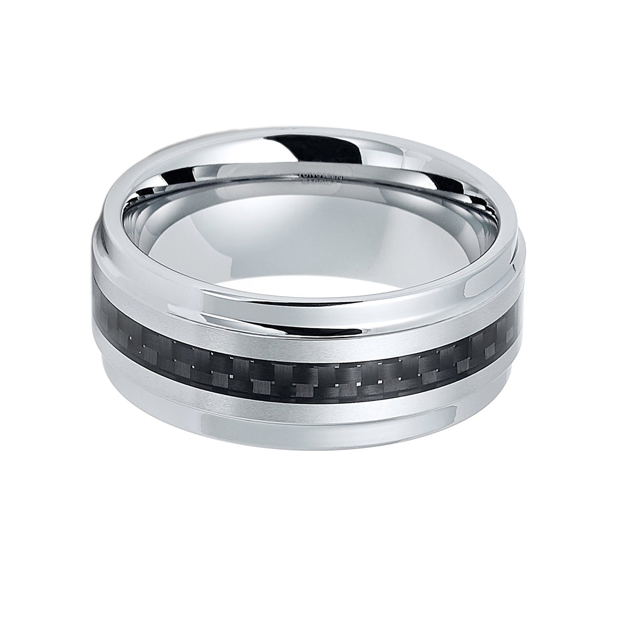 9mm Silver Tungsten Carbide wedding band W/ Black Carbon Fiber Ring