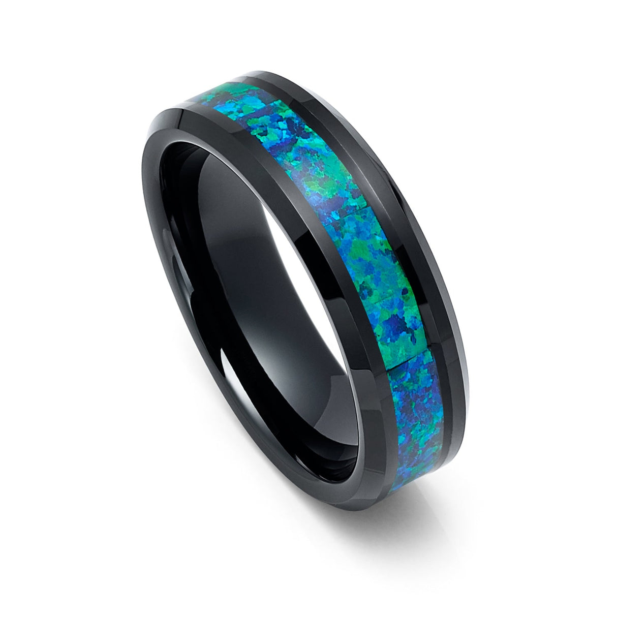 6mm Tungsten Carbide Wedding Band W/ Emerald Green & Blue Opal Inlay