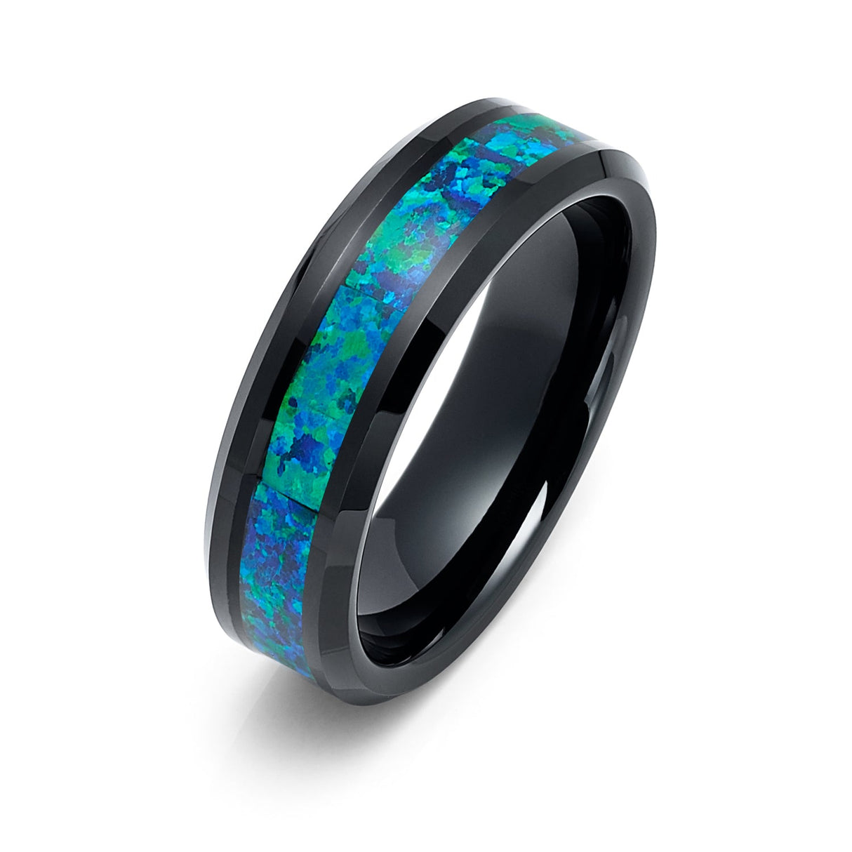 6mm Tungsten Carbide Wedding Band W/ Emerald Green & Blue Opal Inlay