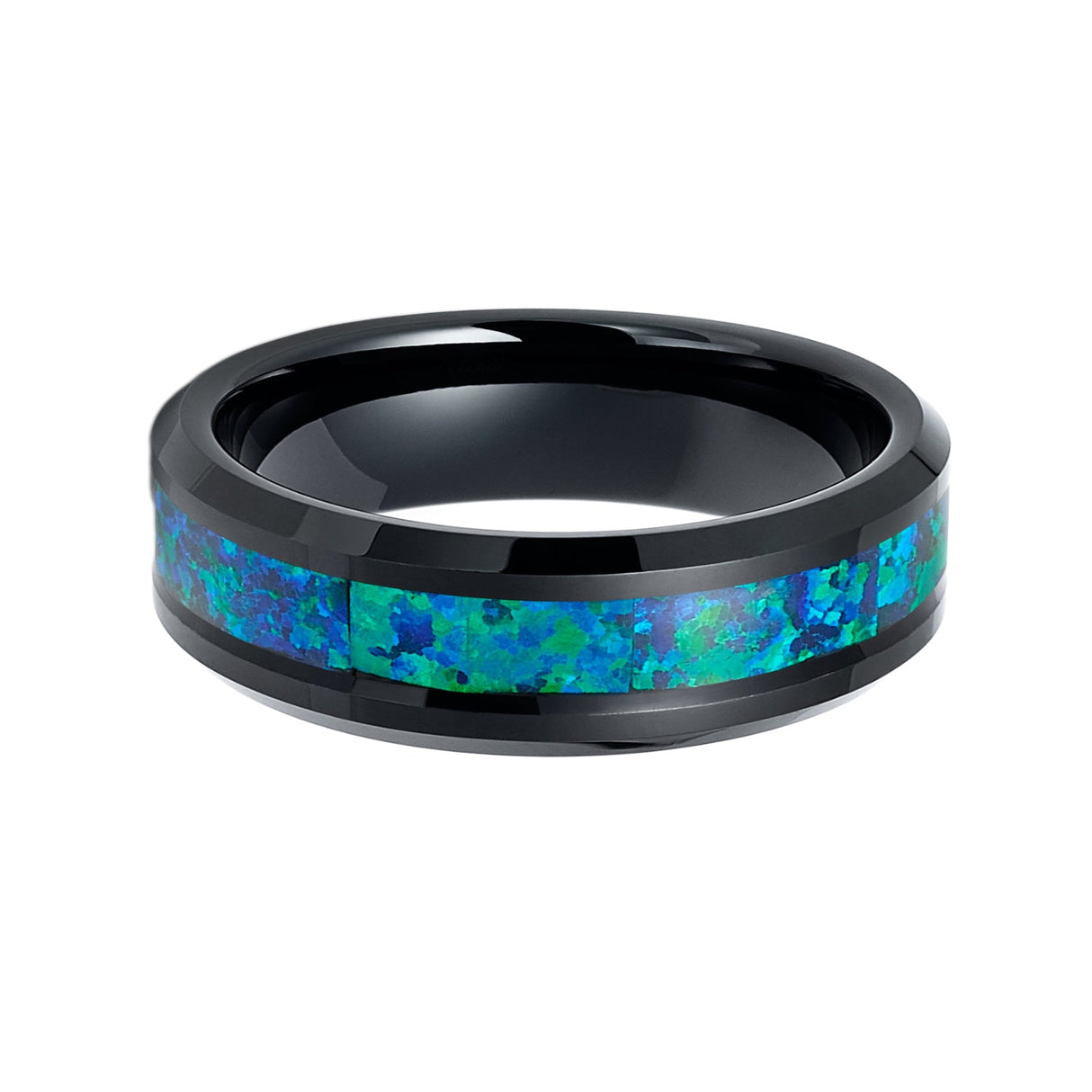 6mm Tungsten Carbide Wedding Band W/ Emerald Green & Blue Opal Inlay