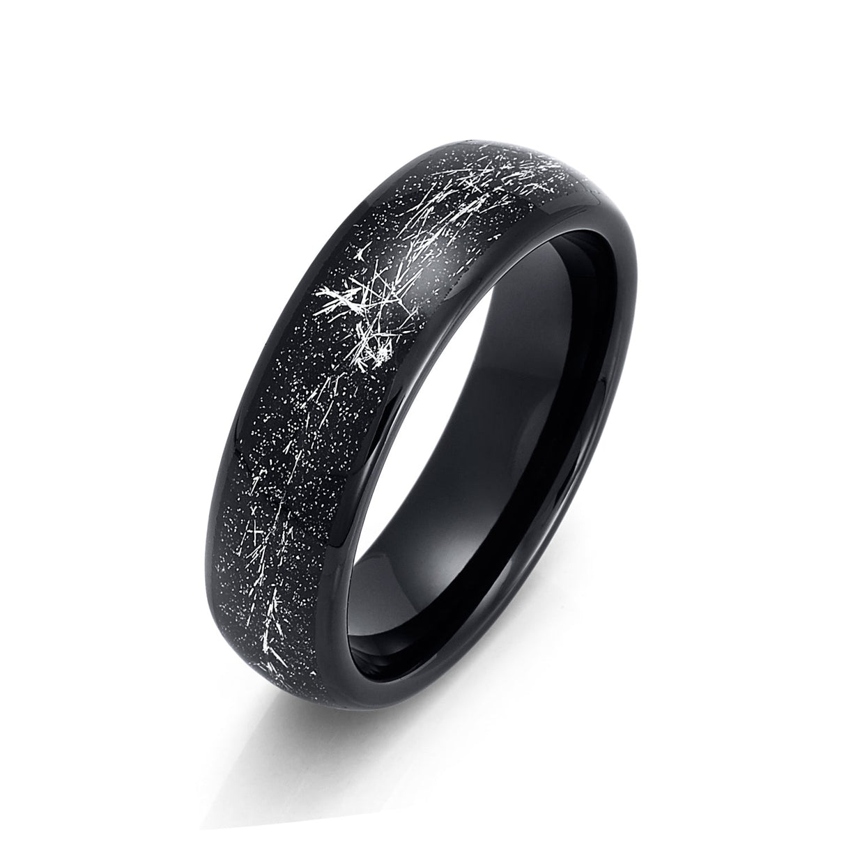 6mm Mens Black Tungsten Carbide Ring W/ Meteorite Inlay Domed Ring