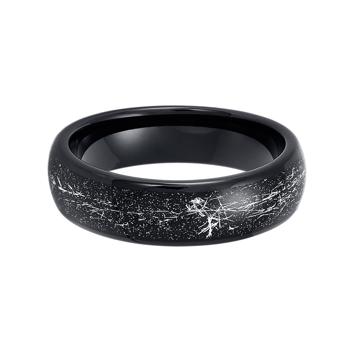 6mm Mens Black Tungsten Carbide Ring W/ Meteorite Inlay Domed Ring