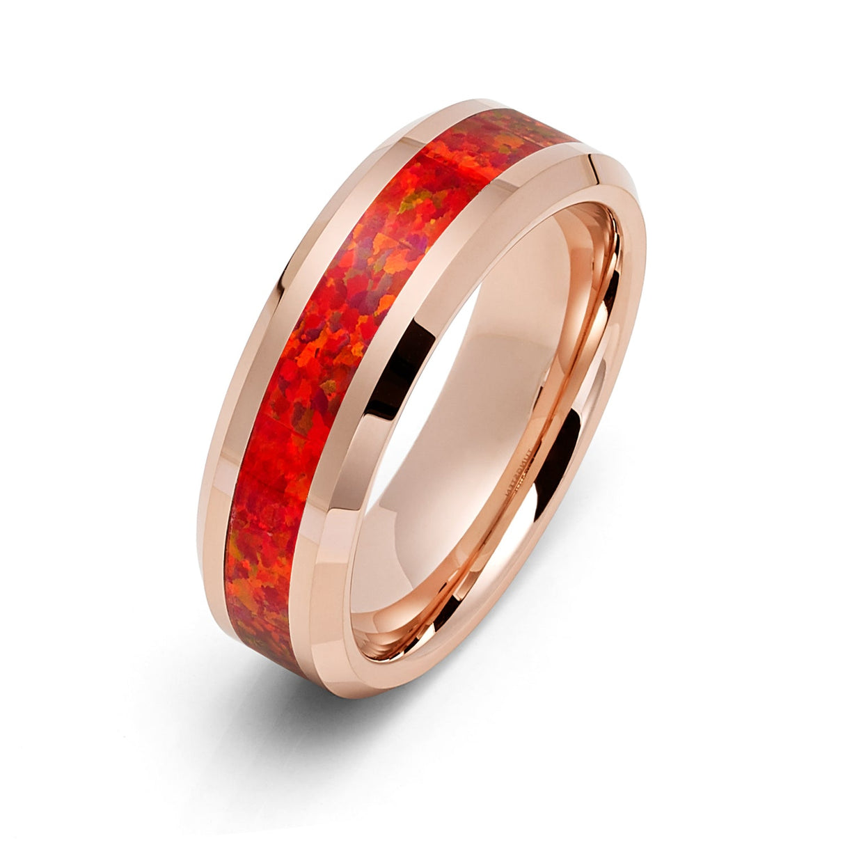 6mm Rose Gold Tungsten Carbide Wedding Band W/ Red Fire Opal Inlay
