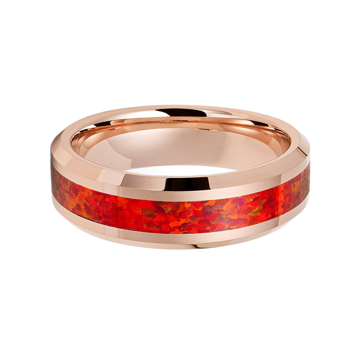 6mm Rose Gold Tungsten Carbide Wedding Band W/ Red Fire Opal Inlay