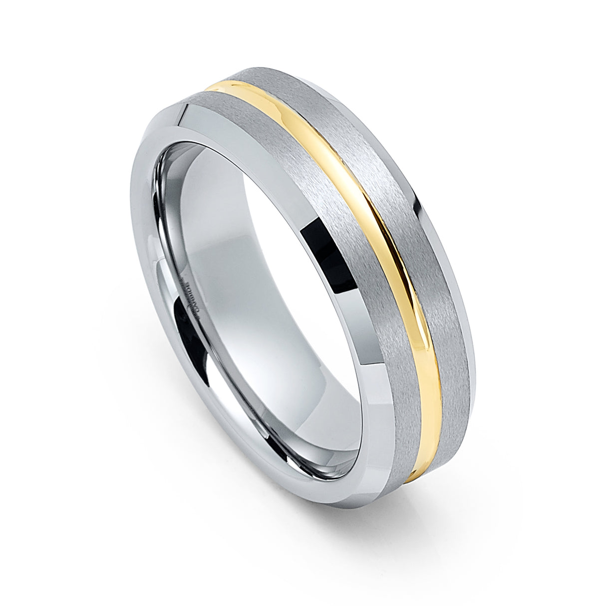 Silver Tungsten Carbide Wedding Ring with Single Grooved Gold Satin Center, 7mm