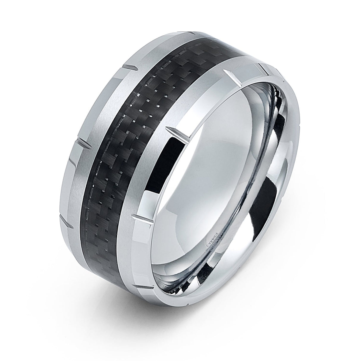 10mm Silver Tungsten Carbide wedding band W/ Black Carbon Fiber Ring