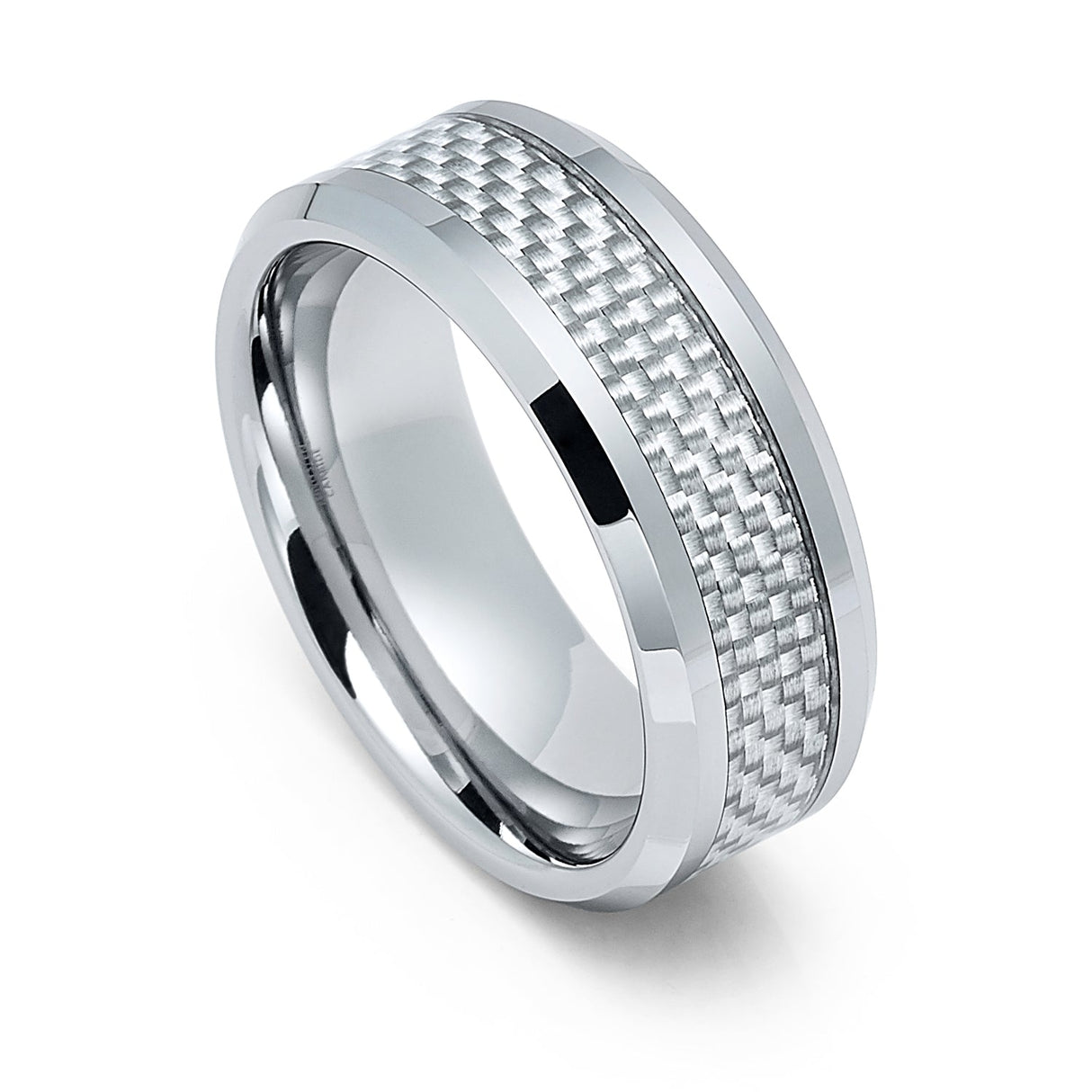 8mm Silver Tungsten Carbide wedding band W/ Gray Carbon Fiber Inlay Ring