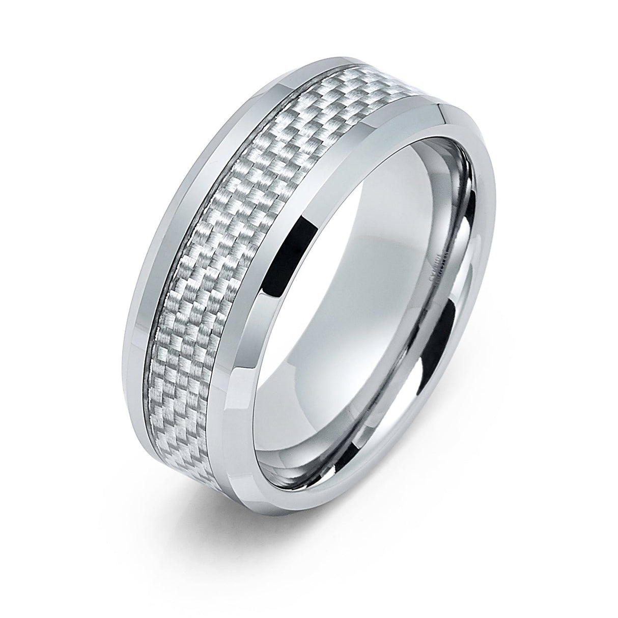 8mm Silver Tungsten Carbide wedding band W/ Gray Carbon Fiber Inlay Ring