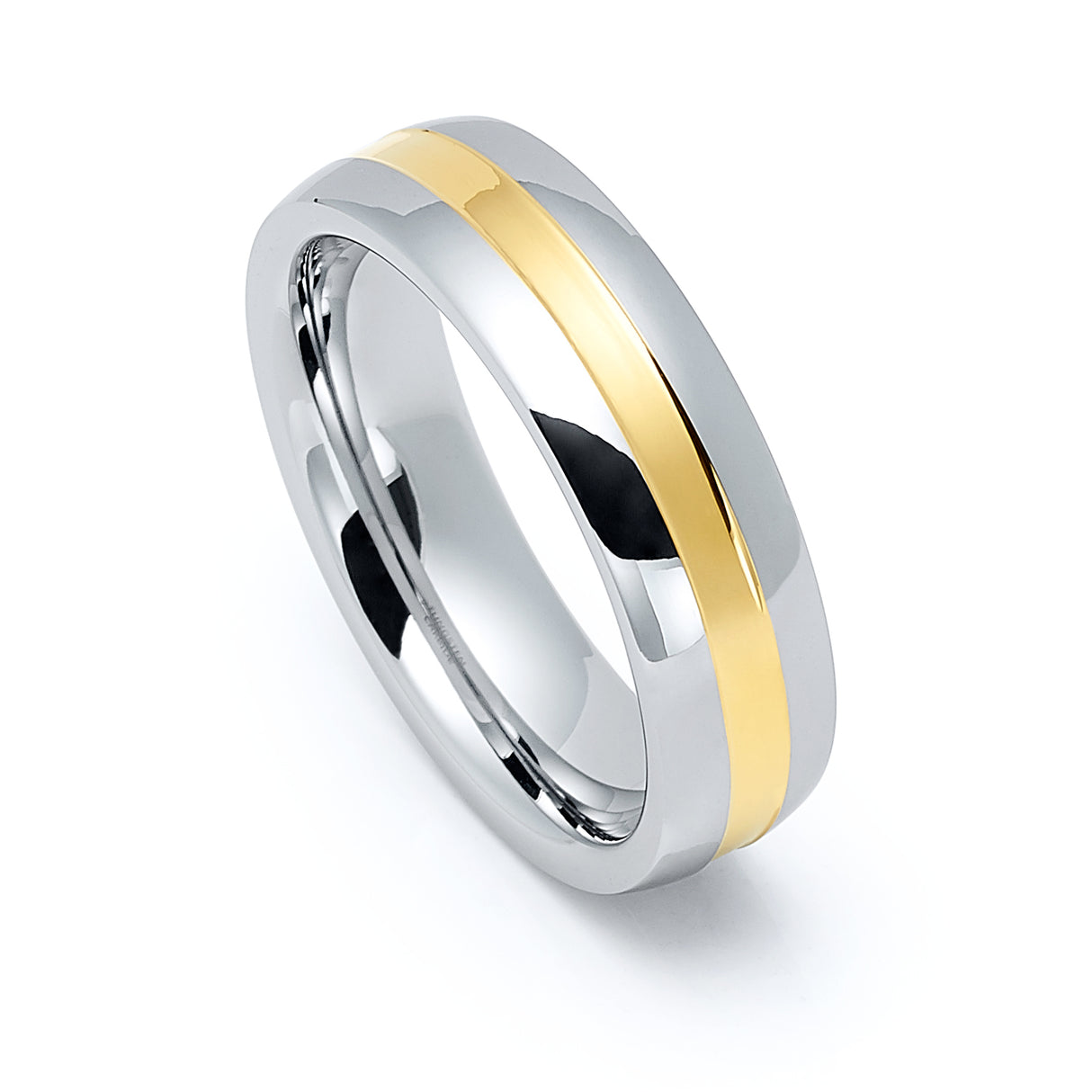 6mm - Tungsten Carbide Ring High Polished Dome Shape Band W/ Yellow Gold Inlay