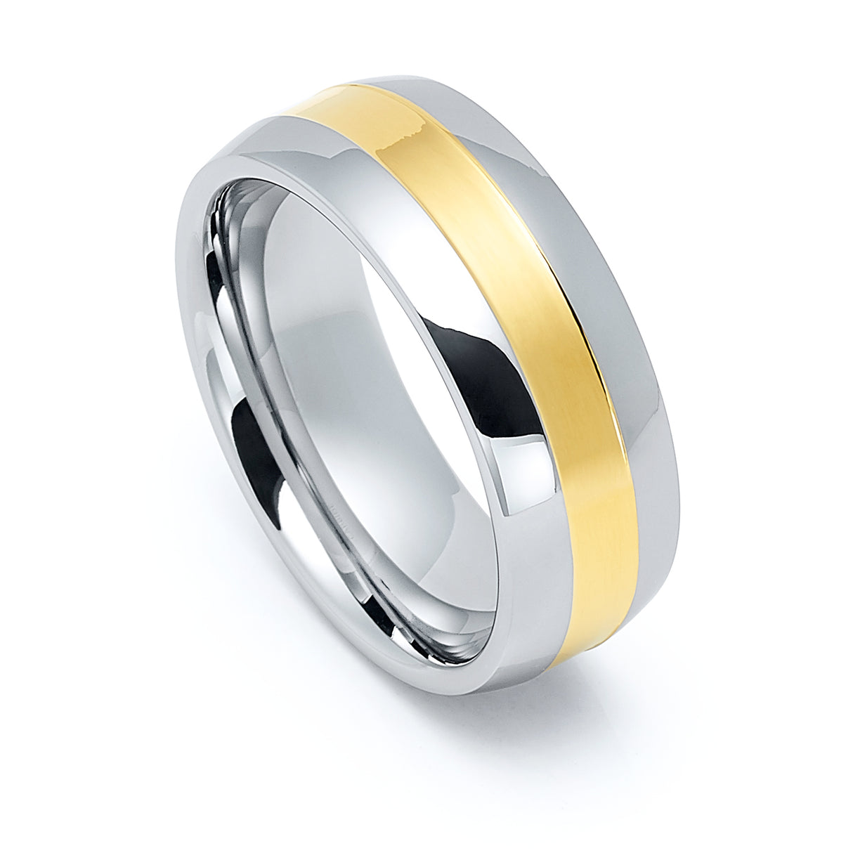 Tungsten Ring High Polished Dome Shape Band with Yellow Gold Inlay - 8mm