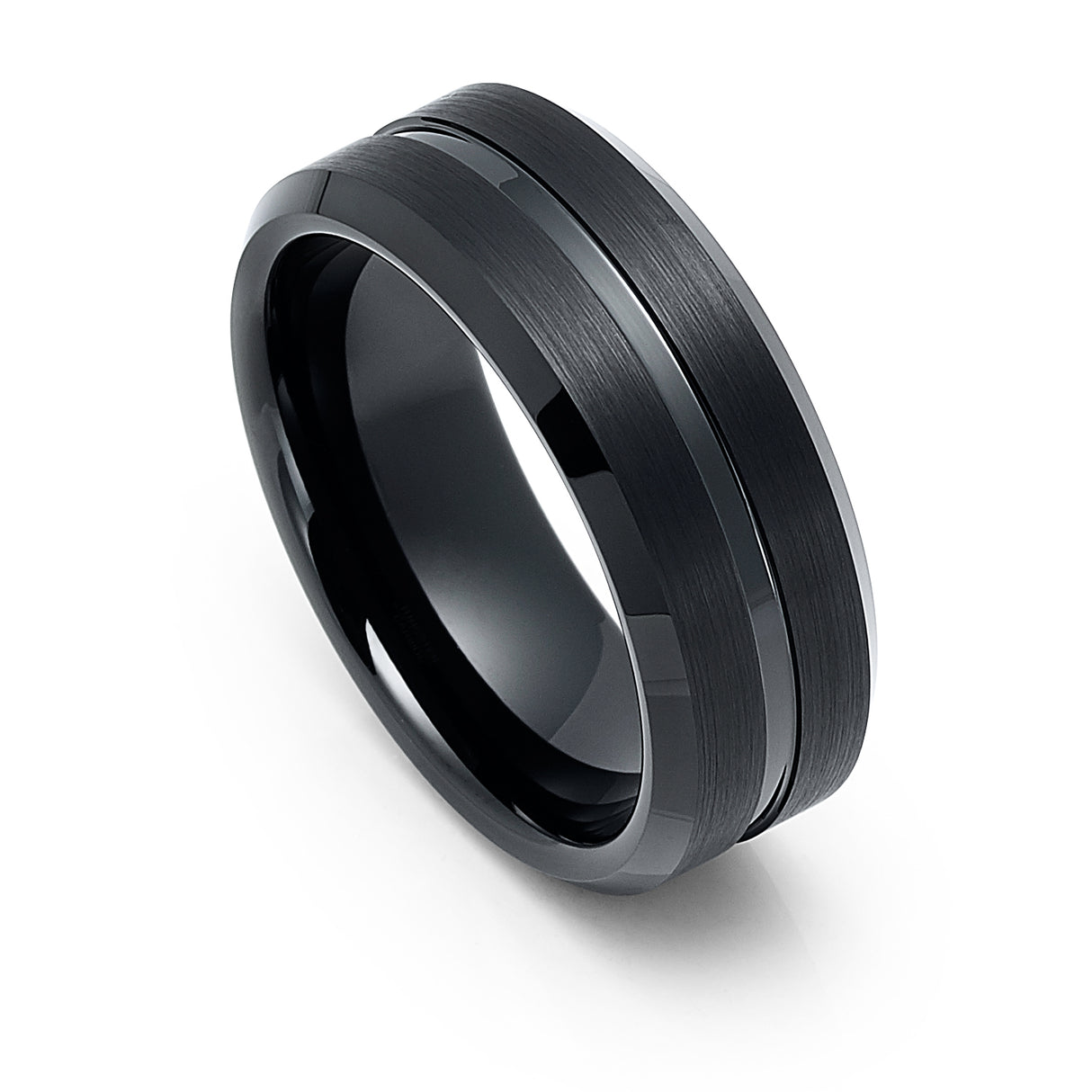 8mm - Black Tungsten Carbide Wedding Band Brushed Black Center Groove, Tungsten Ring
