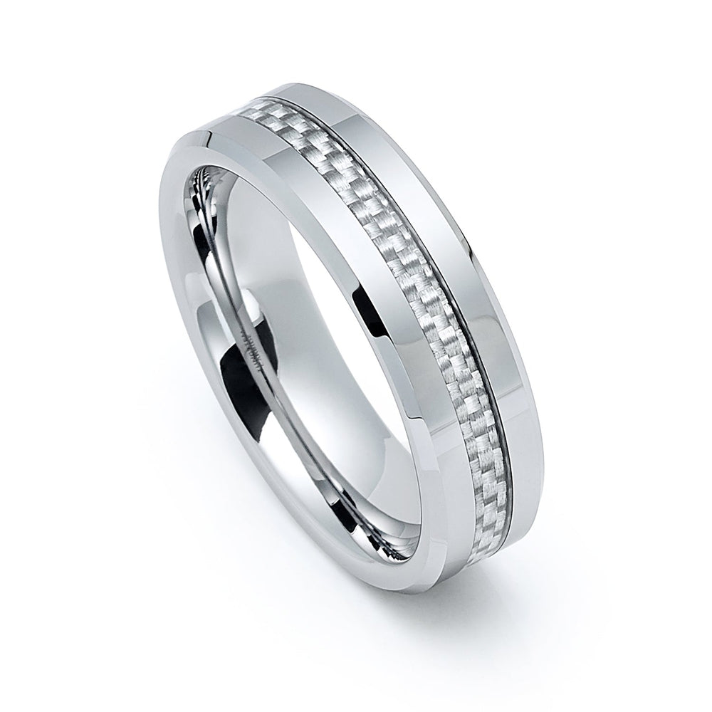 6mm Silver Tungsten Carbide wedding band W/ Gray Carbon Fiber Inlay Ring