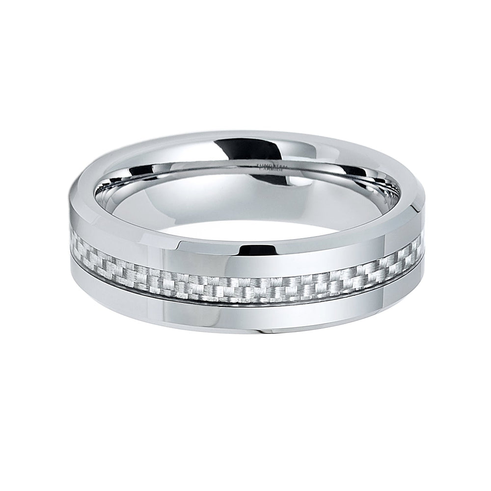 6mm Silver Tungsten Carbide wedding band W/ Gray Carbon Fiber Inlay Ring