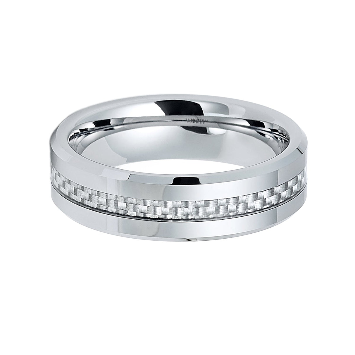 6mm Silver Tungsten Carbide wedding band W/ Gray Carbon Fiber Inlay Ring
