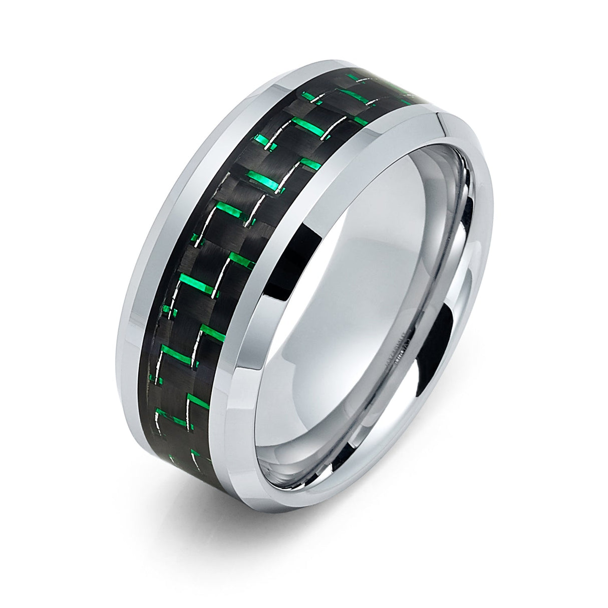 9mm Silver Tungsten Carbide wedding band W/ Green Carbon Fiber Ring