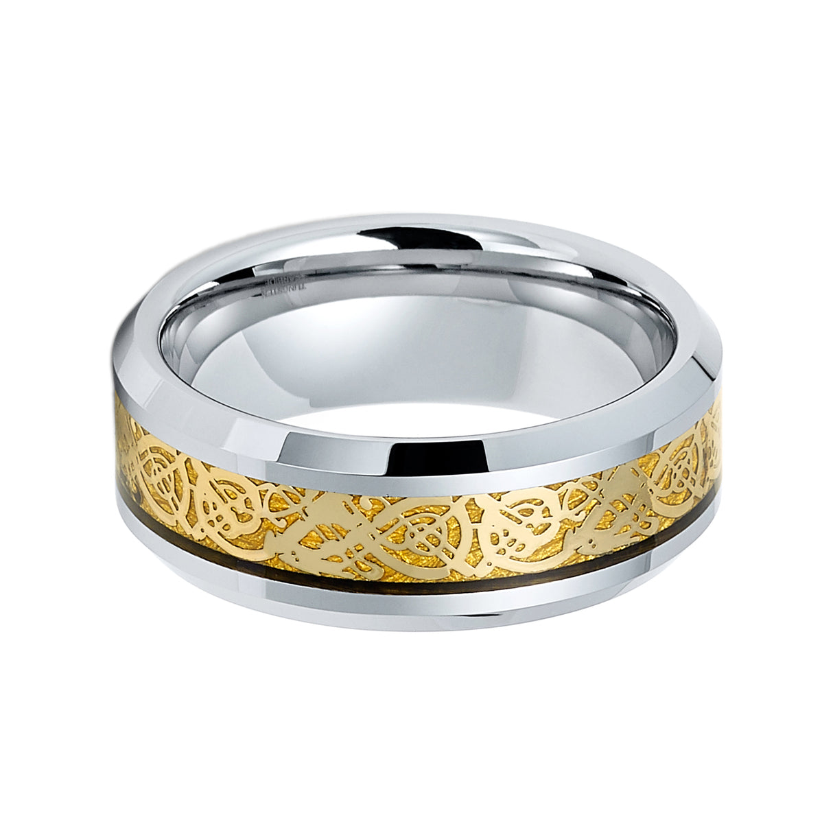 Tungsten Carbide Wedding Band with Golden Celtic Dragon Ring, 8mm