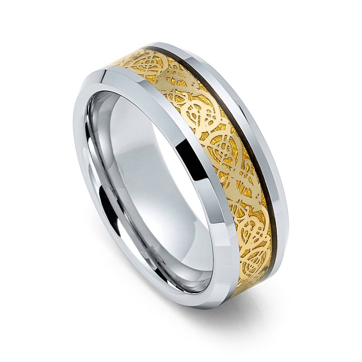 Tungsten Carbide Wedding Band with Golden Celtic Dragon Ring, 8mm