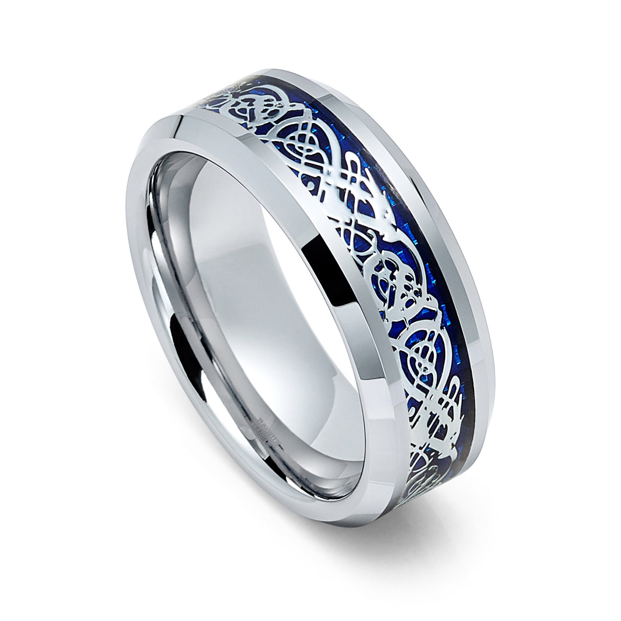 Tungsten Carbide Wedding Band with Blue Celtic Dragon Inlay, 8mm