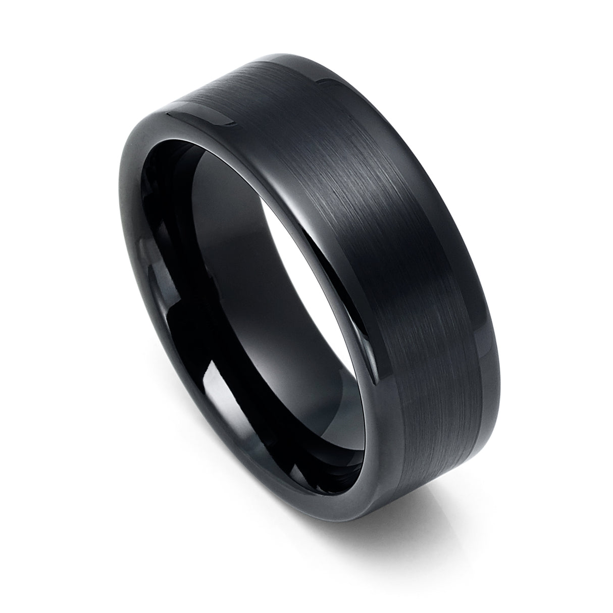 8mm - Black Tungsten Wedding Band, Pipe Cut Brushed Center Finish