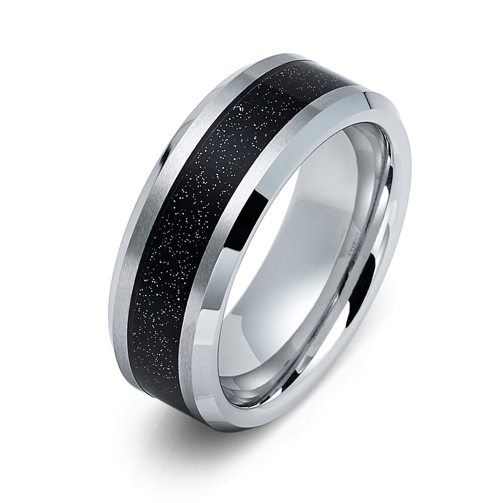 8mm Silver Tungsten Carbide wedding band W/ Black Sandstone Carbon Fiber Ring