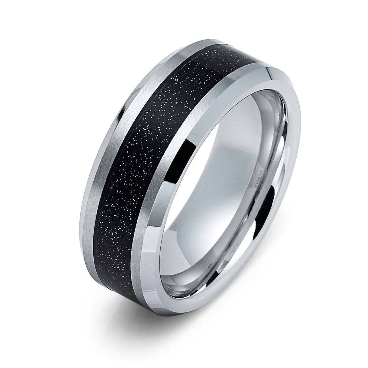 8mm Silver Tungsten Carbide wedding band W/ Black Sandstone Carbon Fiber Ring