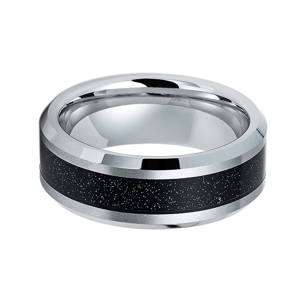 8mm Silver Tungsten Carbide wedding band W/ Black Sandstone Carbon Fiber Ring