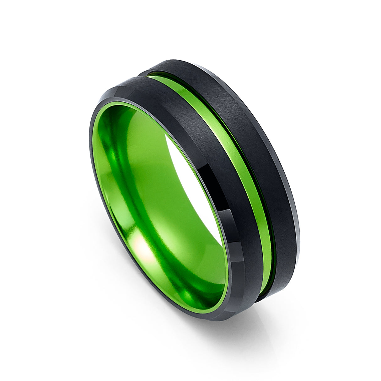 8MM - BLACK GREEN TUNGSTEN CARBIDE RING - GROOVED BEVELED EDGES - WEDDING BAND