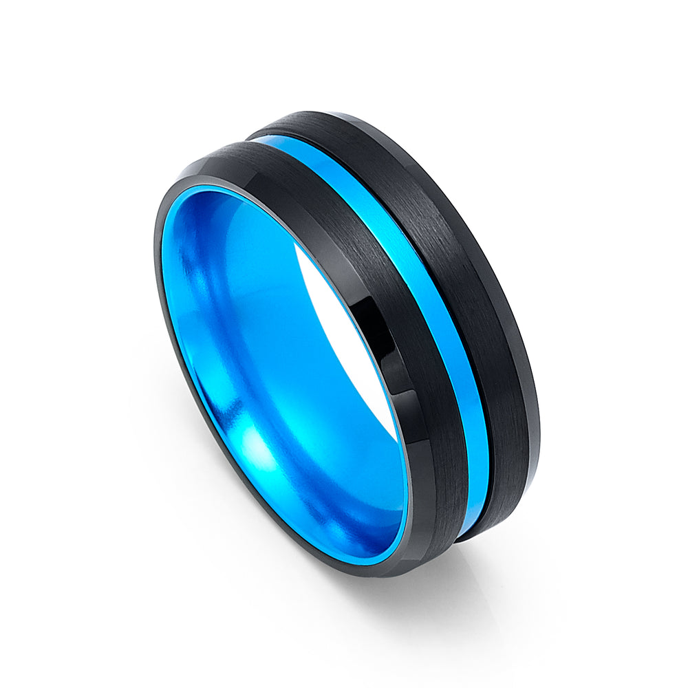 8mm - Tungsten Black Brushed & Sky Blue Wedding Band, with Sky Blue Groove Ring