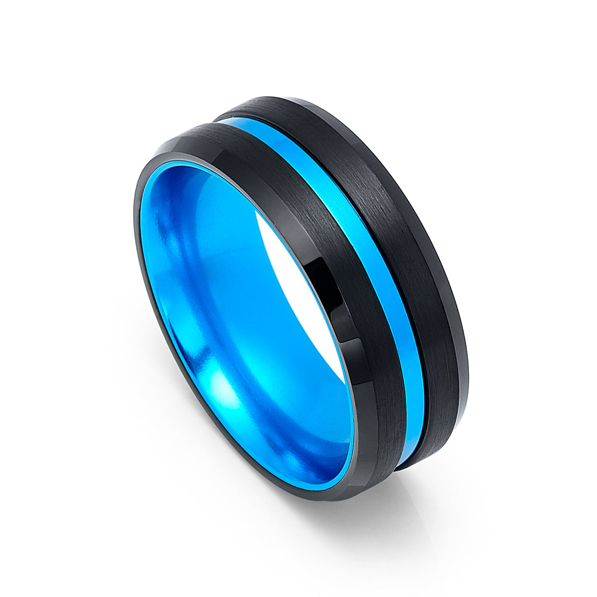 8mm - Tungsten Black Brushed & Sky Blue Wedding Band, with Sky Blue Groove Ring