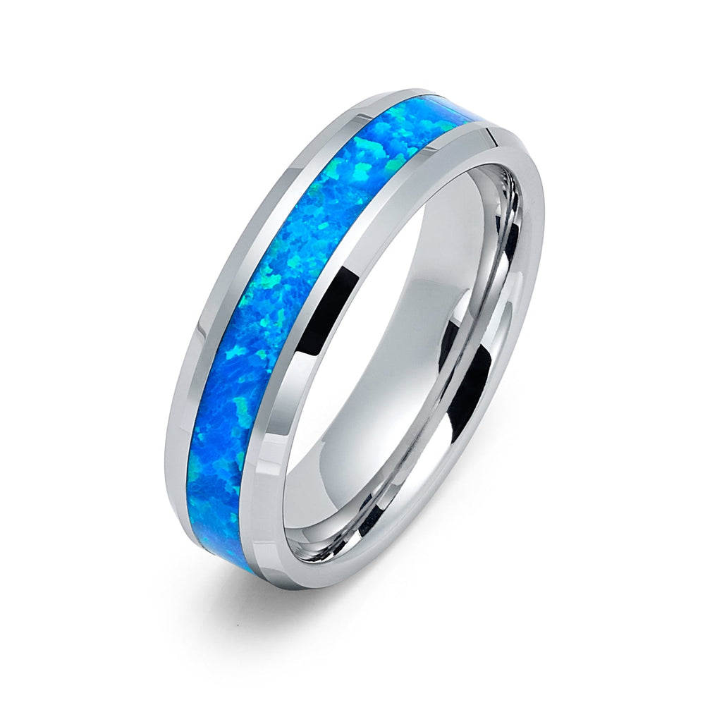 6mm Silver Tungsten Carbide Wedding Band With Blue Opal Inlay