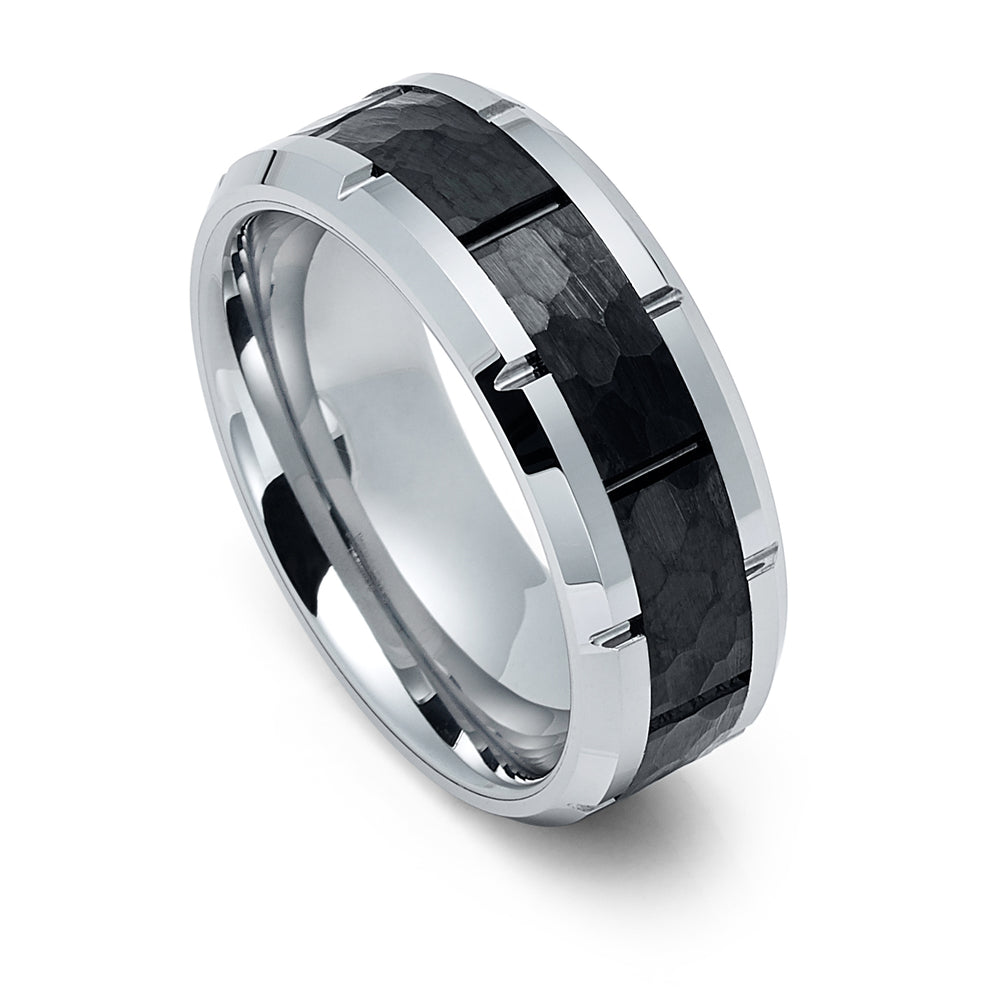 8mm Black Hammered Tungsten Carbide Wedding Ring with Beveled Edges