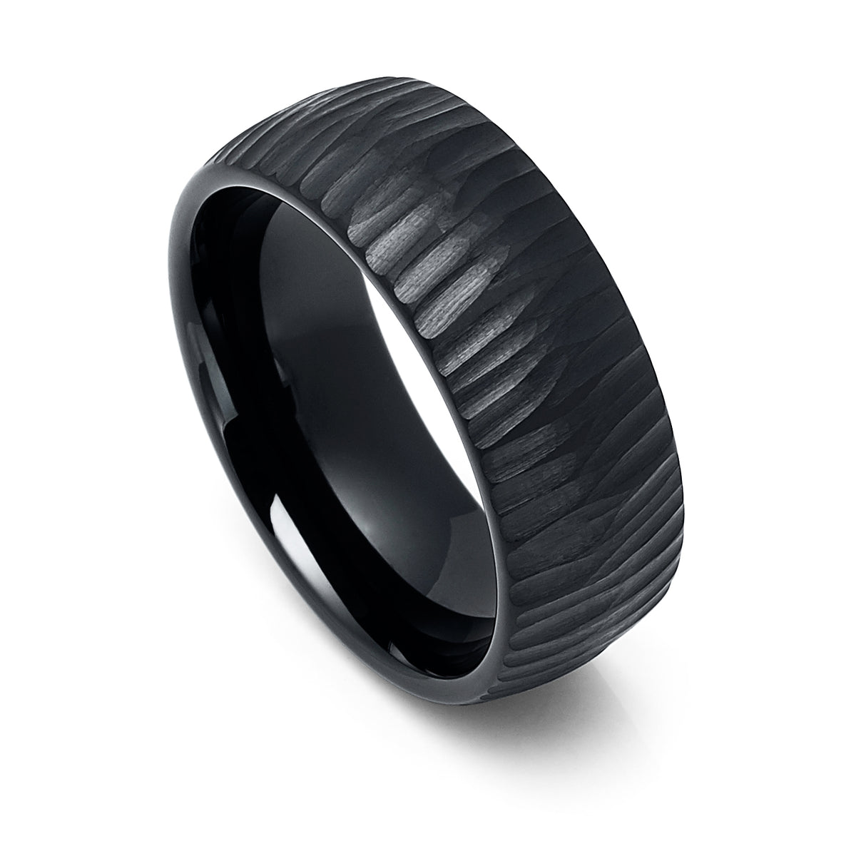 8mm - Tungsten Wedding Band, Black Domed, Tree Bark Finish Wedding Band,