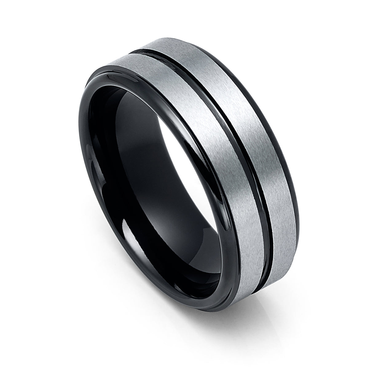 8MM BLACK TUNGSTEN WEDDING BAND, SILVER BRUSHED W/ BLACK CENTER GROOVE