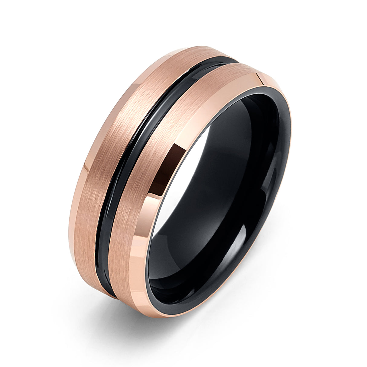 8mm - Tungsten Wedding Band Two-Tone Rose Gold & Black Center Groove