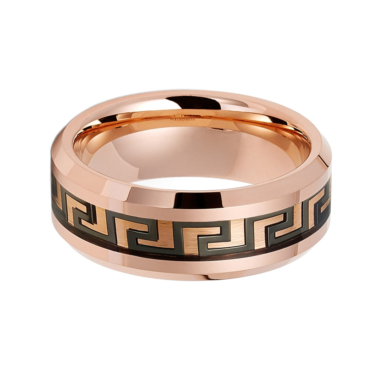 8mm Rose Gold Tungsten Wedding Band W/ Black Greek Key Beveled Edges