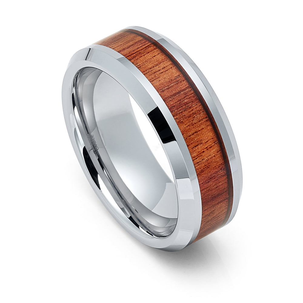 8mm - Silver Tungsten Wedding Band, Koa Wood inlay, Tungsten Wedding Ring,