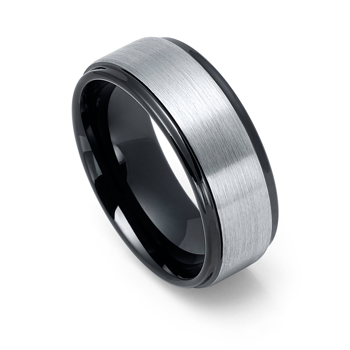 8mm - Black Tungsten Carbide Wedding Band With Stepped Edges Brush Center