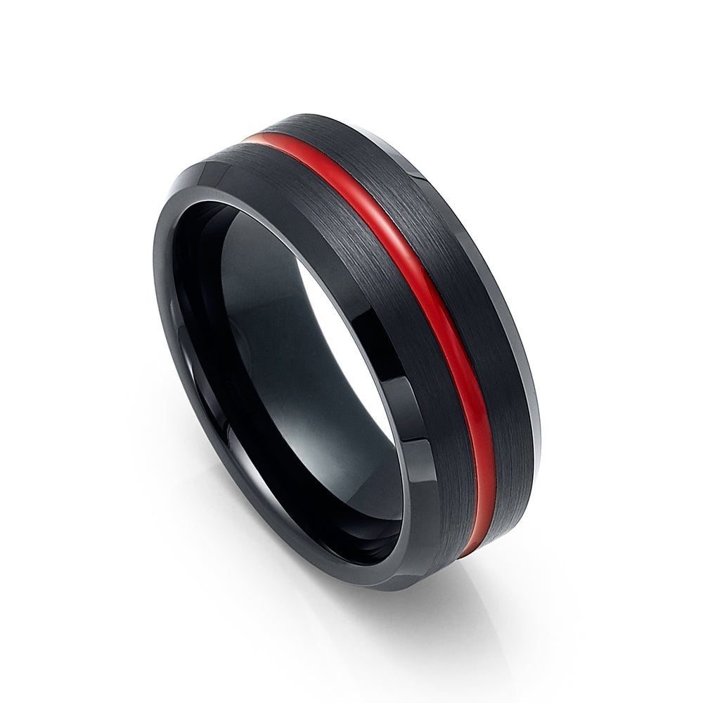 8mm Black Tungsten Wedding Band, Red Grooved Center Ring