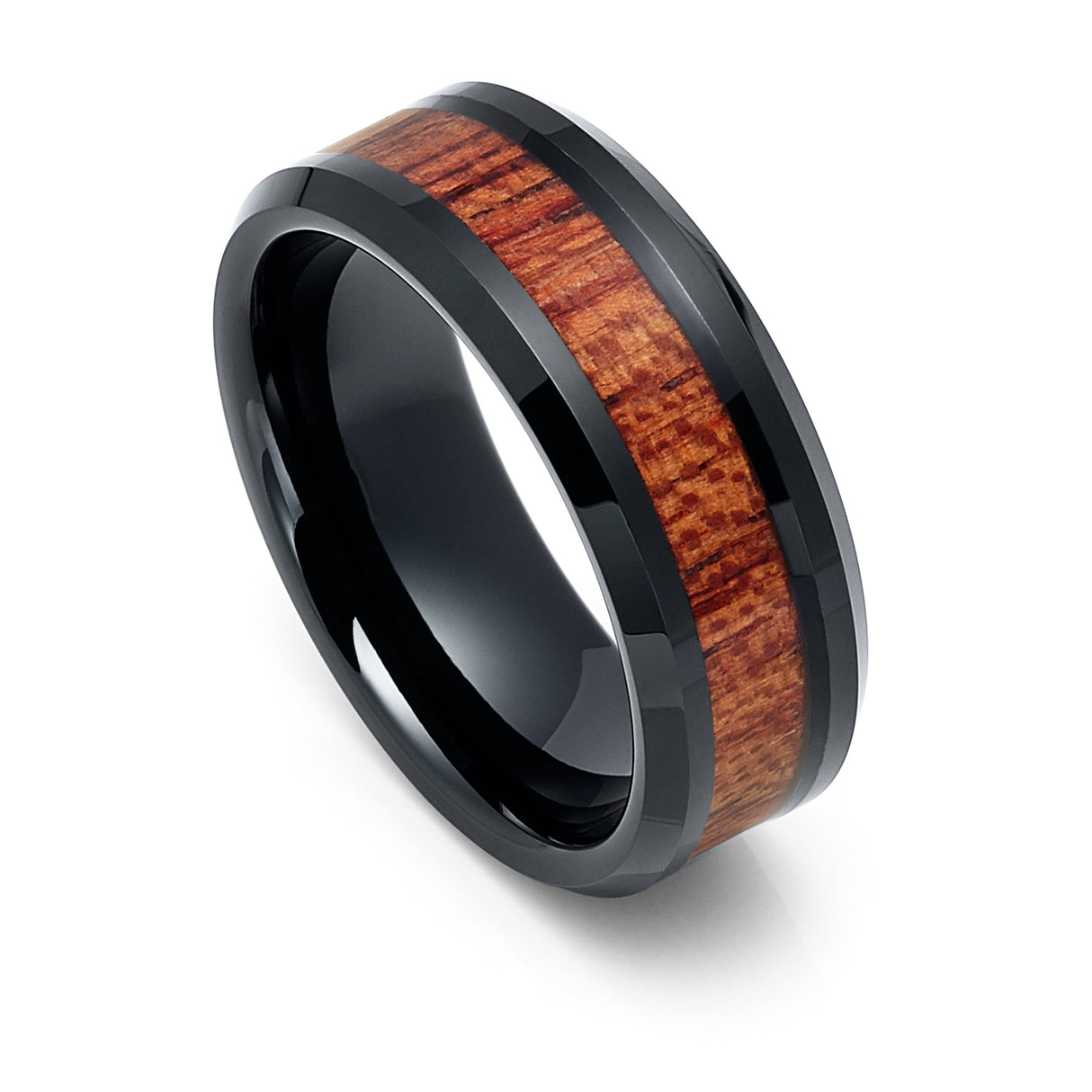 8mm Black Tungsten Carbide Wedding Band with Koa Wood Inlay