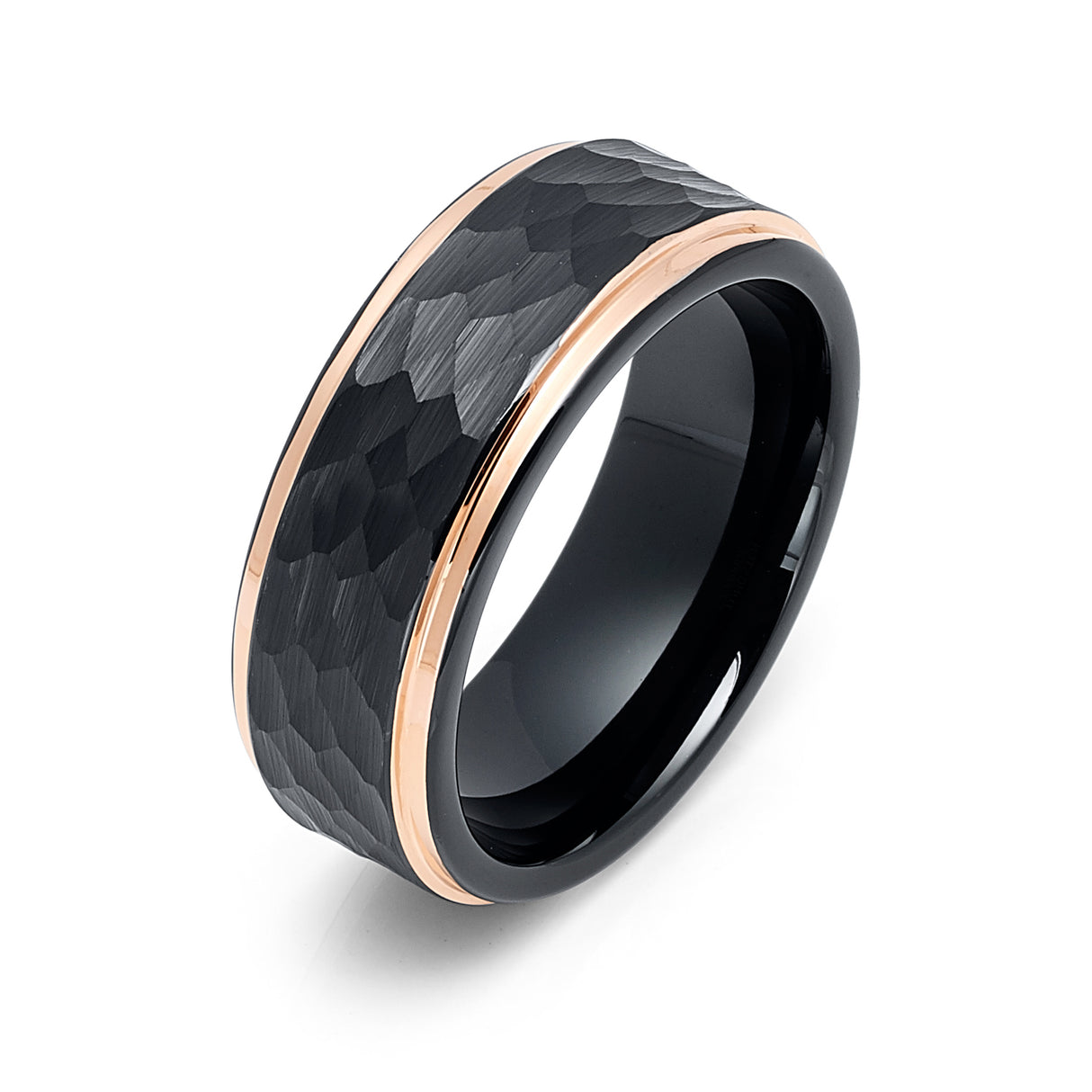 8mm - Tungsten Ring Two-Tone Black & Rose Gold Edges Hammered Center