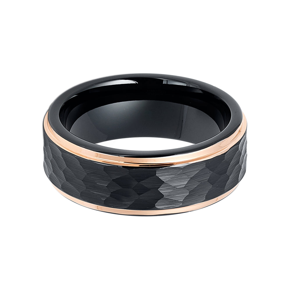 8mm - Tungsten Ring Two-Tone Black & Rose Gold Edges Hammered Center