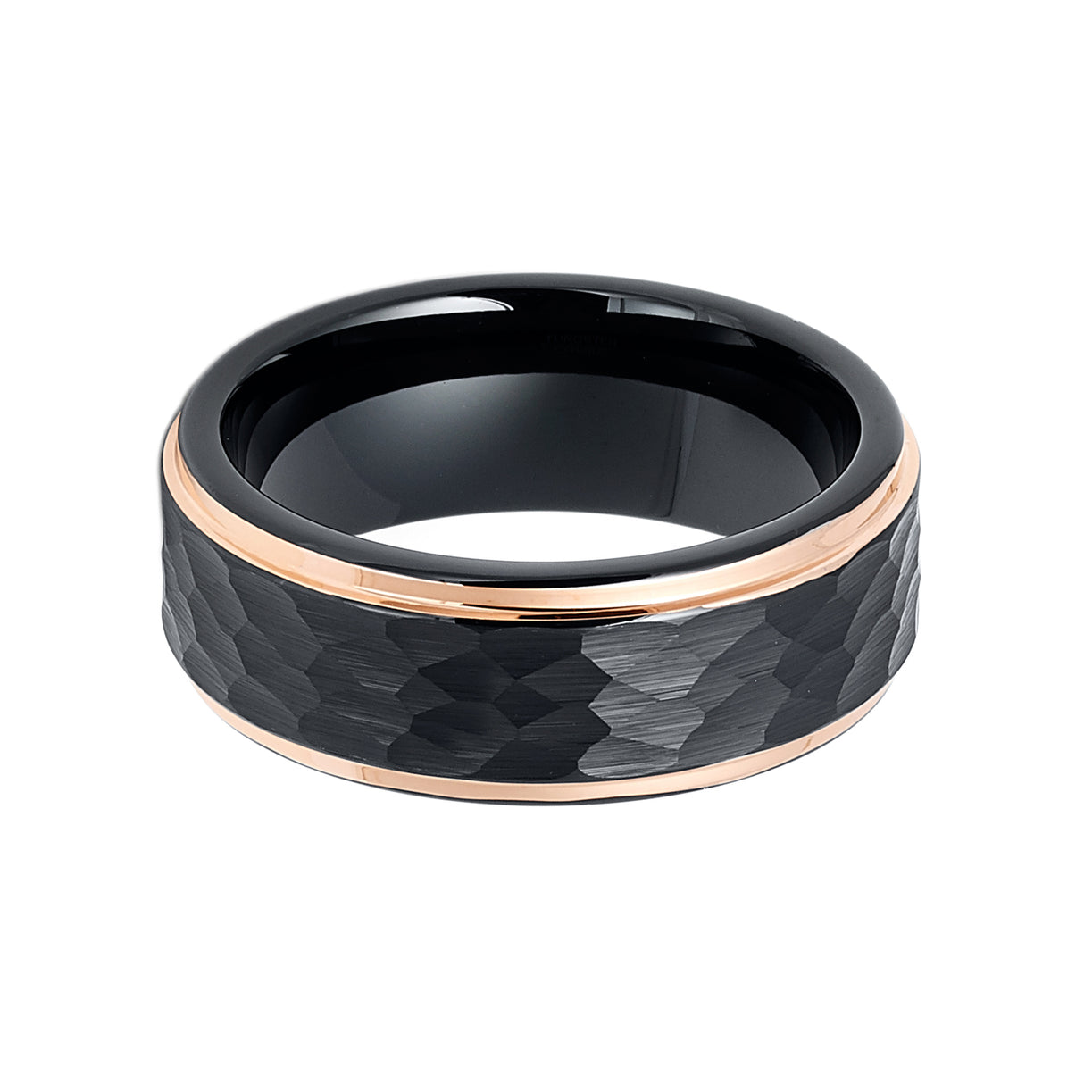 8mm - Tungsten Ring Two-Tone Black & Rose Gold Edges Hammered Center