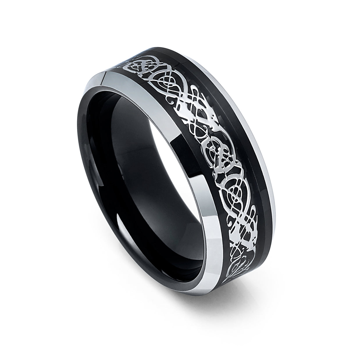 Tungsten Carbide Wedding black and. silver. Ring with 18K white Gold Dragon Inlay, 8mm