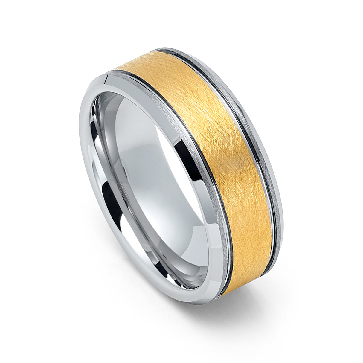 8mm - Mens Tungsten Ring Two-Toned Silver With Gold Brushed Center