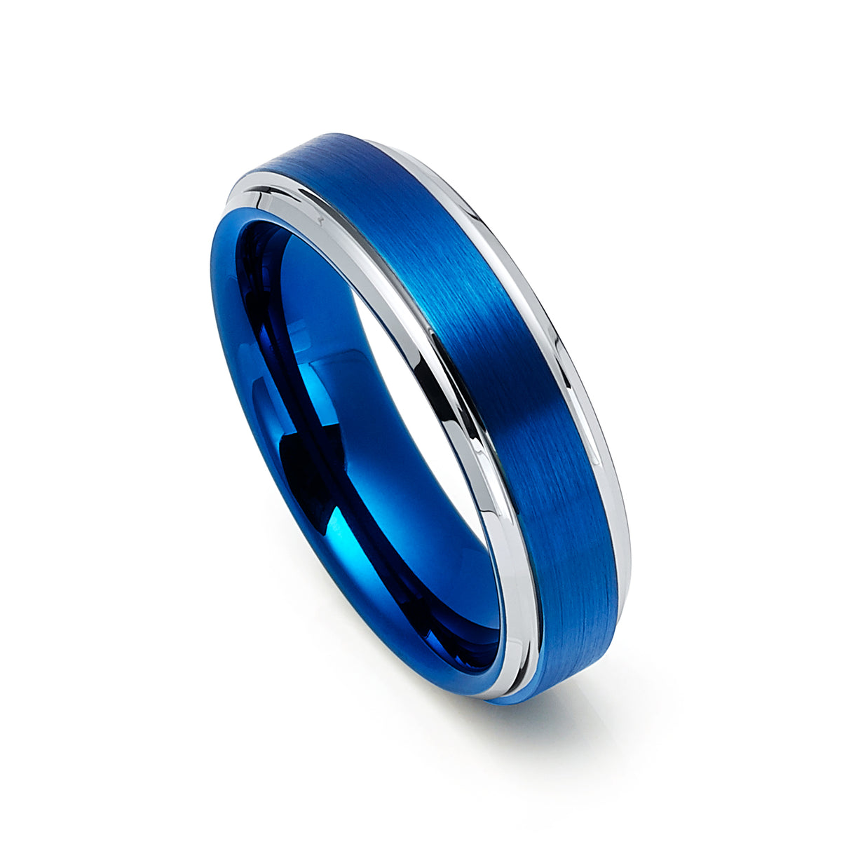 6mm - Blue Tungsten Carbide Wedding Band High Polish Stepped Edges Tungsten Ring