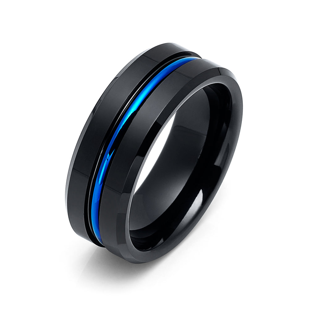 8mm Black Tungsten Carbide Wedding Band with Blue Center Groove