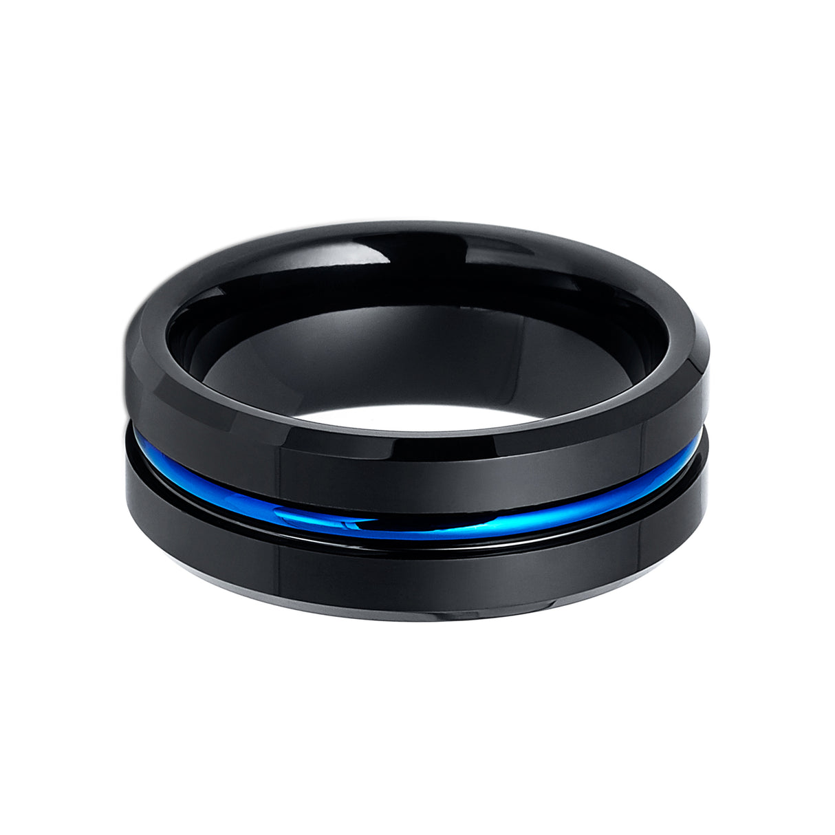8mm Black Tungsten Carbide Wedding Band with Blue Center Groove