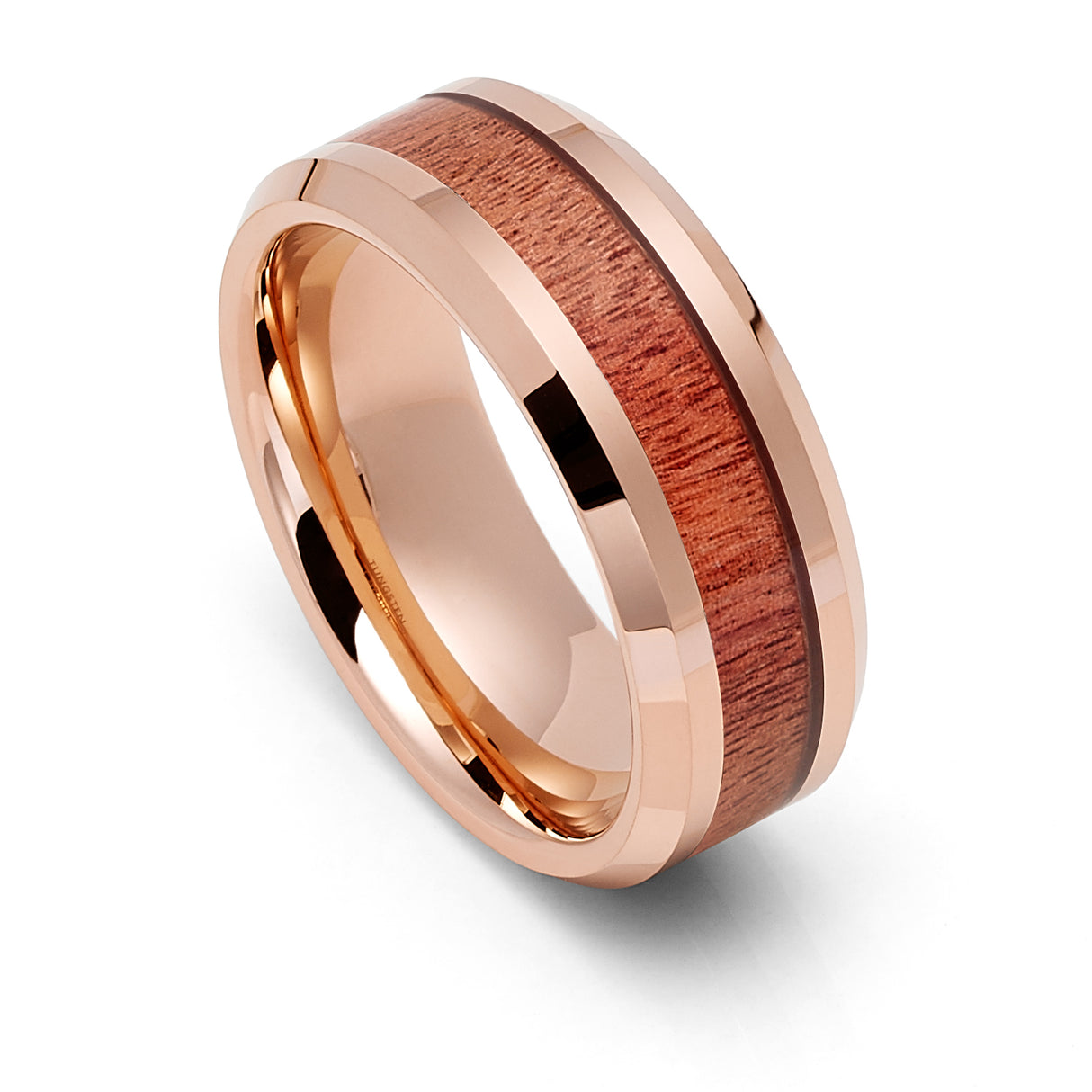 8mm - Rose Gold Tungsten Wedding Band, with Koa Wood inlay, Polished Finish,