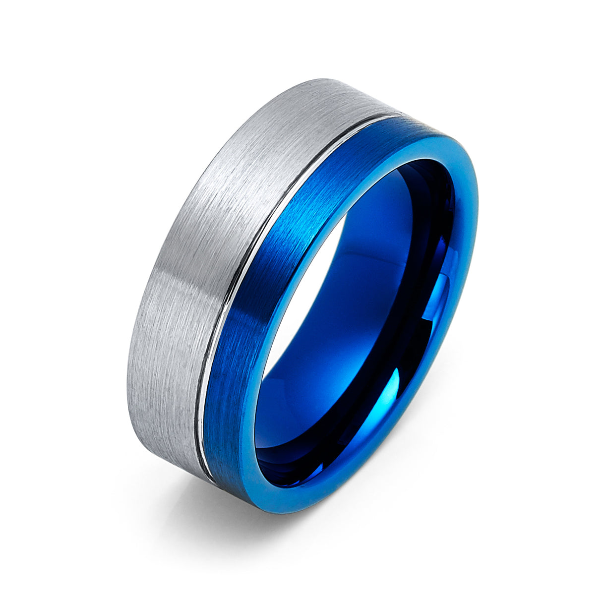 8mm - Tungsten Ring Brushed Blue Silver Tungsten Off Center Groove Ring